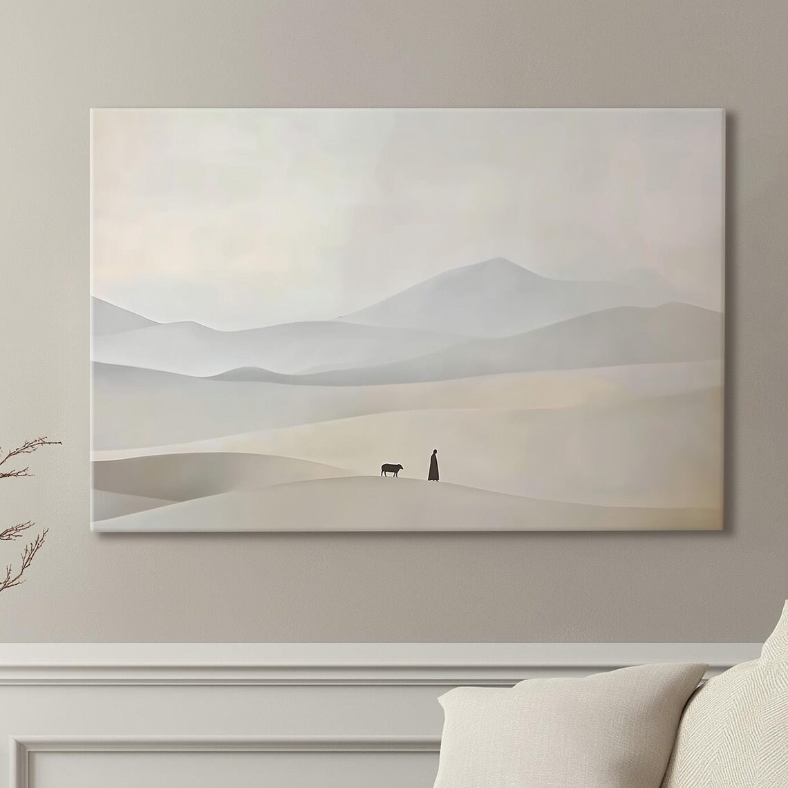 Shepherd Silhouette With Sheep On Neutral Desert Hills Poster
