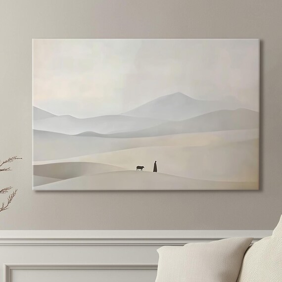 Shepherd Silhouette With Sheep On Neutral Desert Hills Poster
