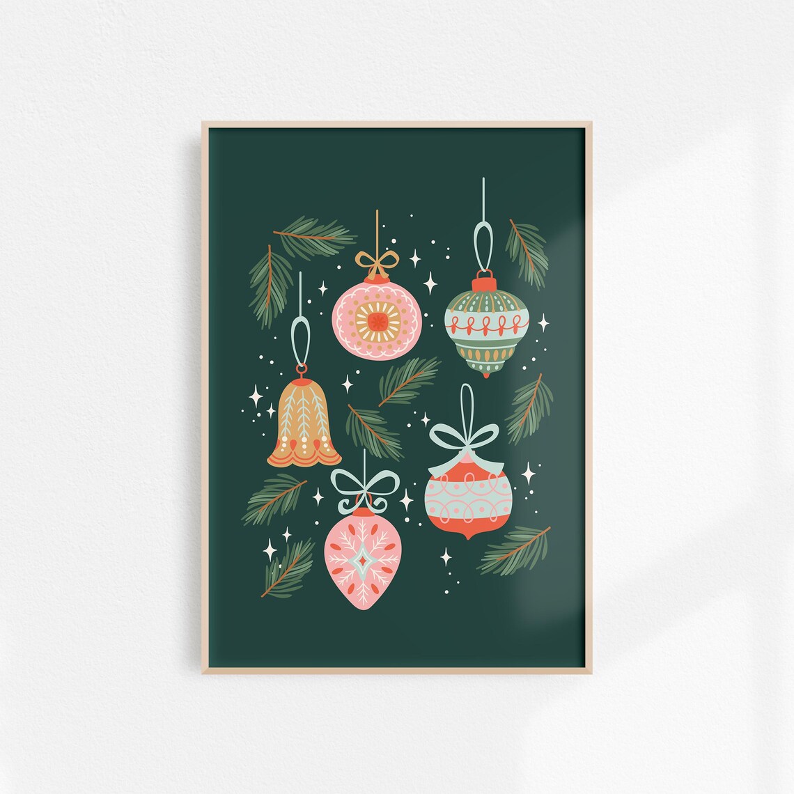 Retro Christmas Ornaments on Deep Forest Green Holiday Art Poster