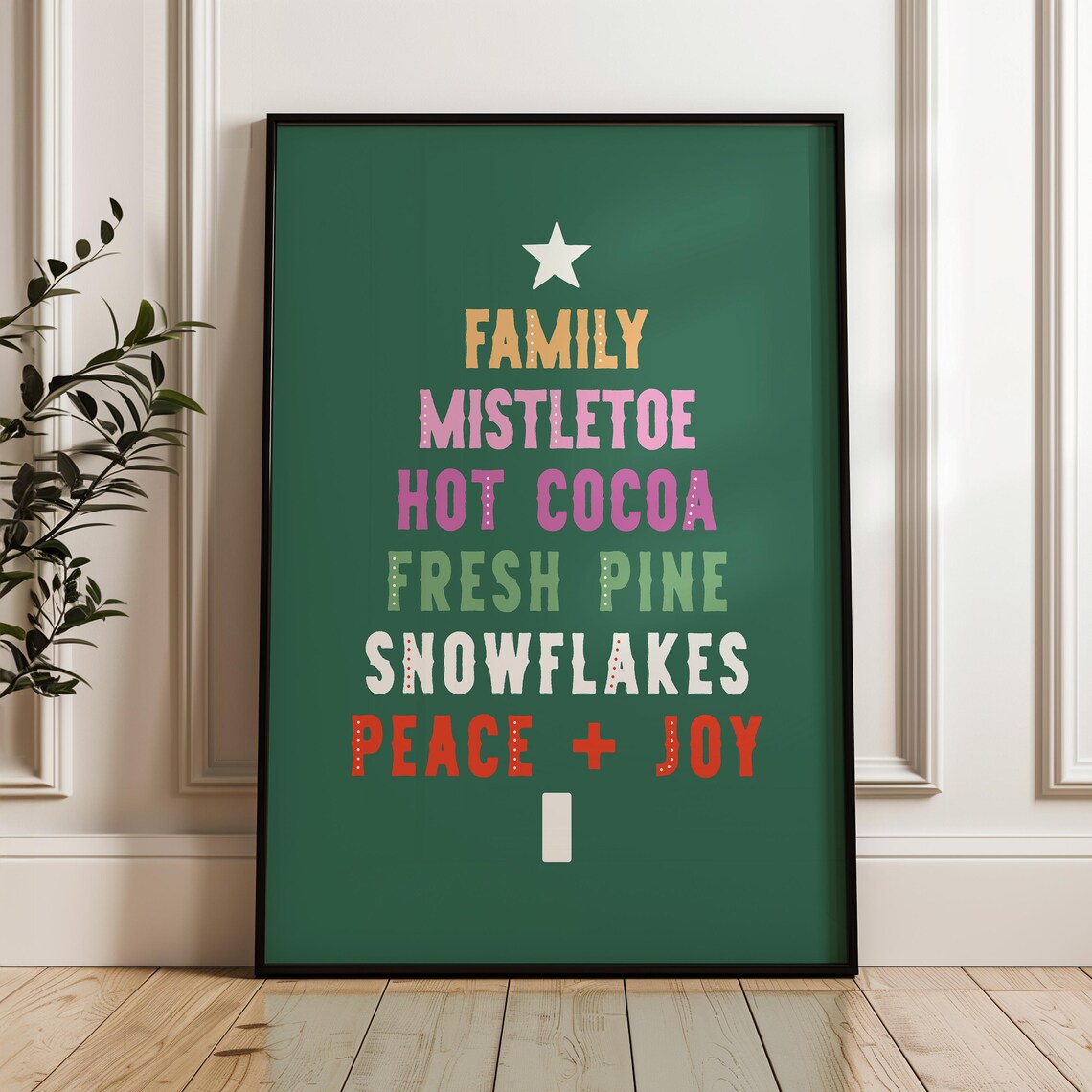 Cream Christmas Tree Word Art Pastel Peace Joy Star Holiday Poster - Image 3