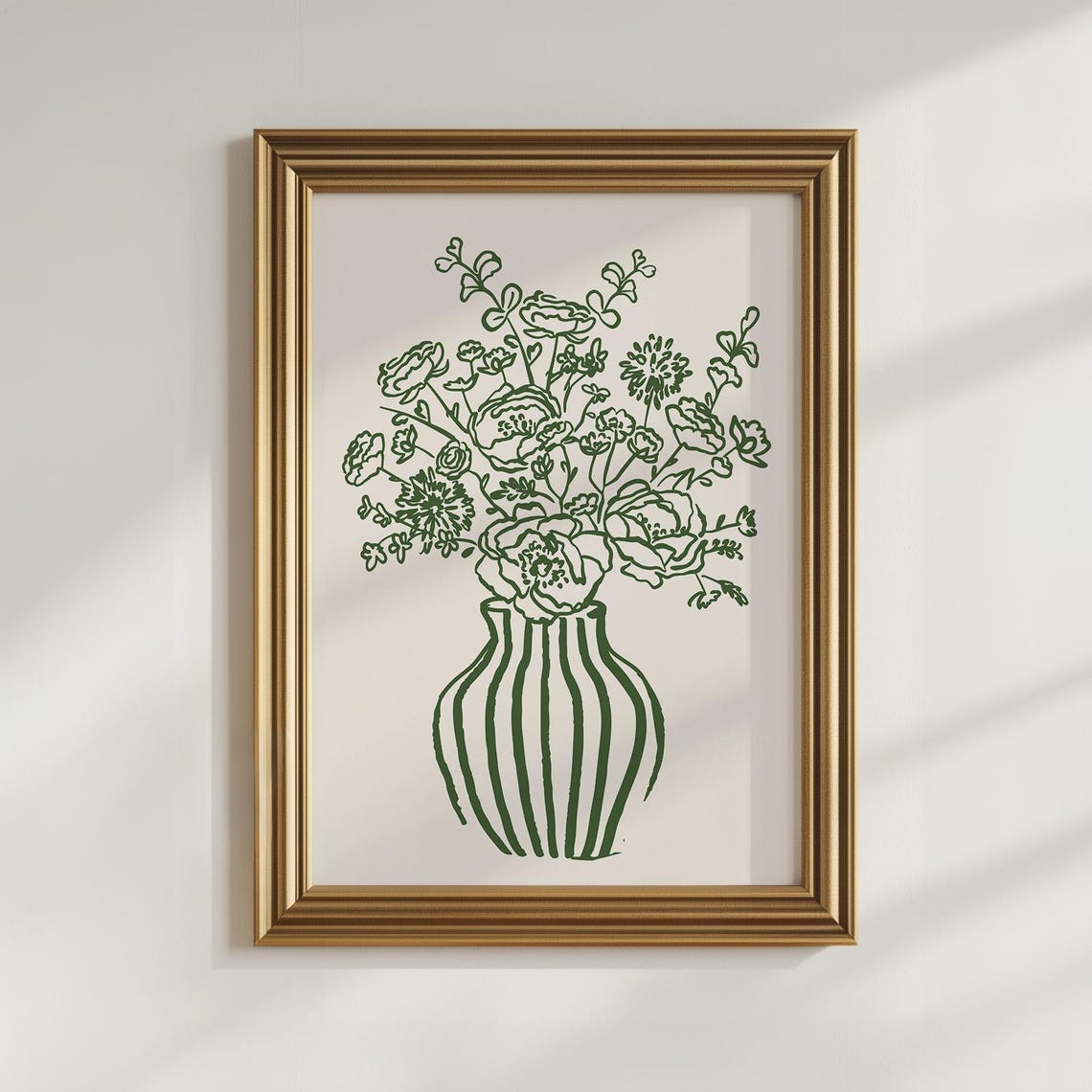 Green Floral Bouquet Striped Vase Line Art Cream Wall Poster - Image 6