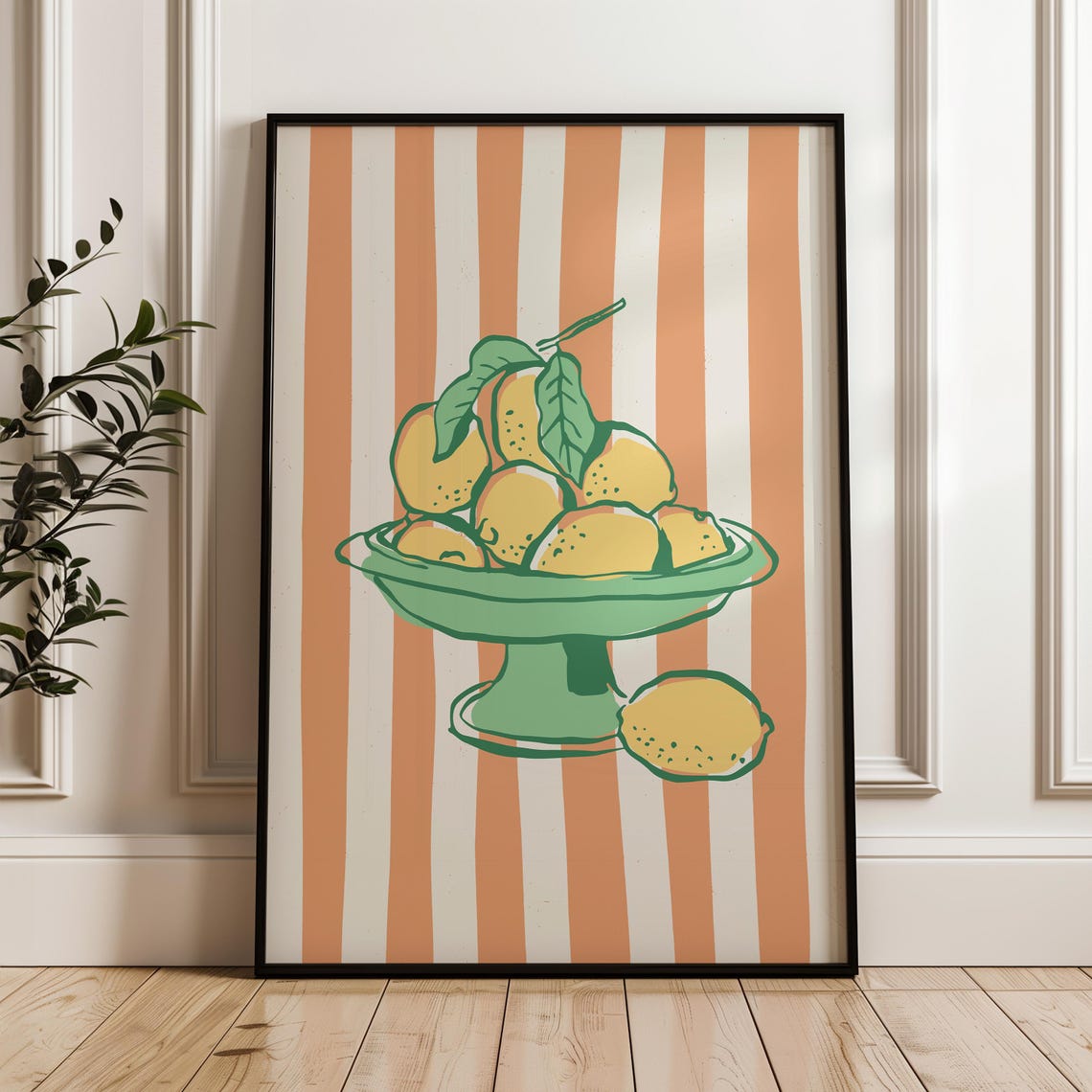 Sunny Retro Lemons in Green Bowl on Orange Stripes Kitchen Poster - Image 3
