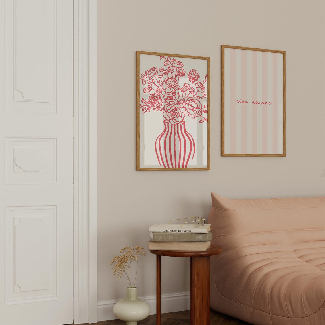 Red Ink Wildflower Bouquet Striped Vase Botanical Line Art Poster - Image 2