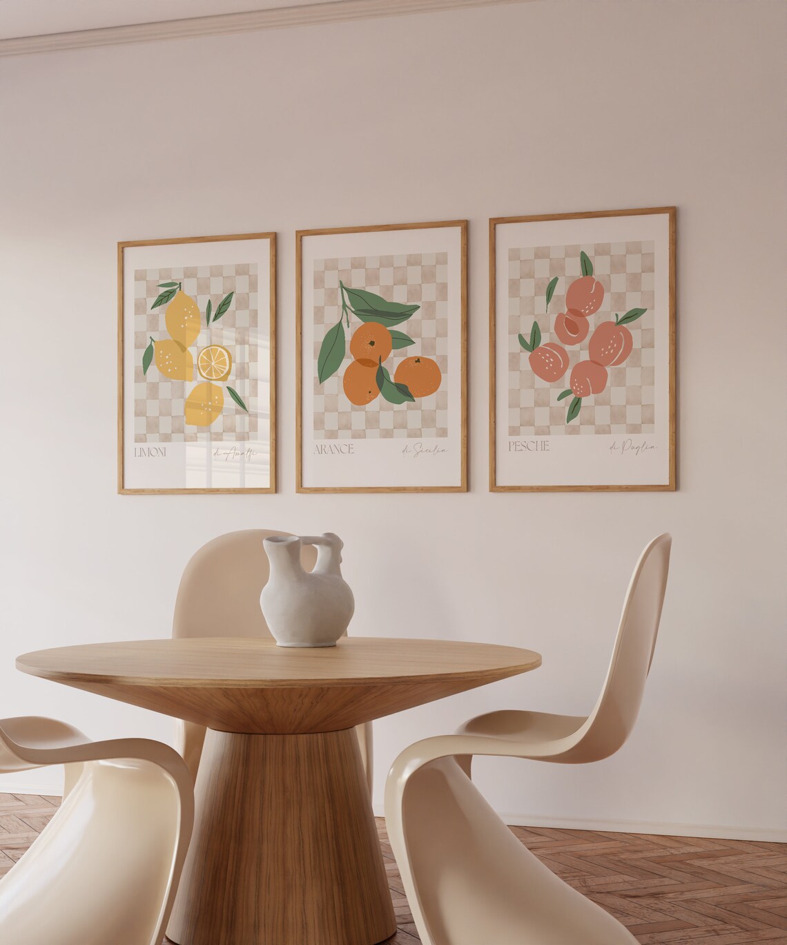 Italian Fruit Prints Set Of 3 Lemon Orange Peach Checkerboard Poster - Image 6