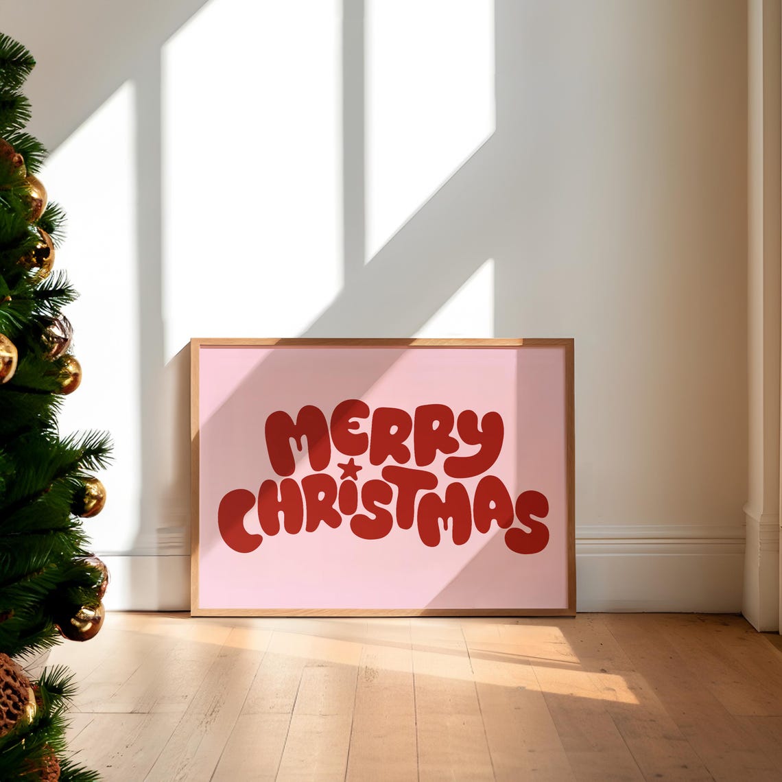 Merry Christmas Red Bubble Letters Blush Pink Holiday Art Poster - Image 6