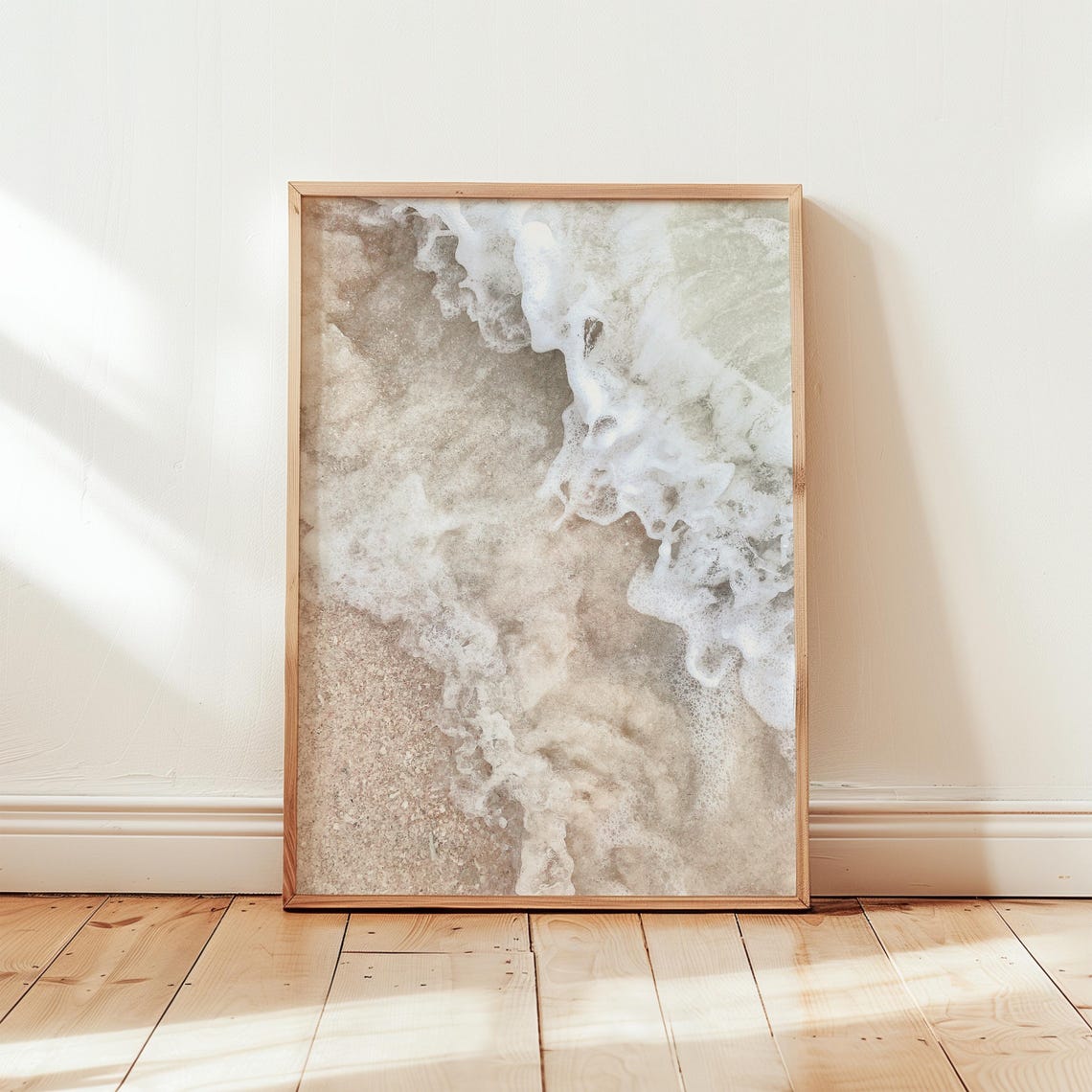 Neutral Ocean Waves Cream Foam Washing Over Beige Sand Coastal Poster - Image 3
