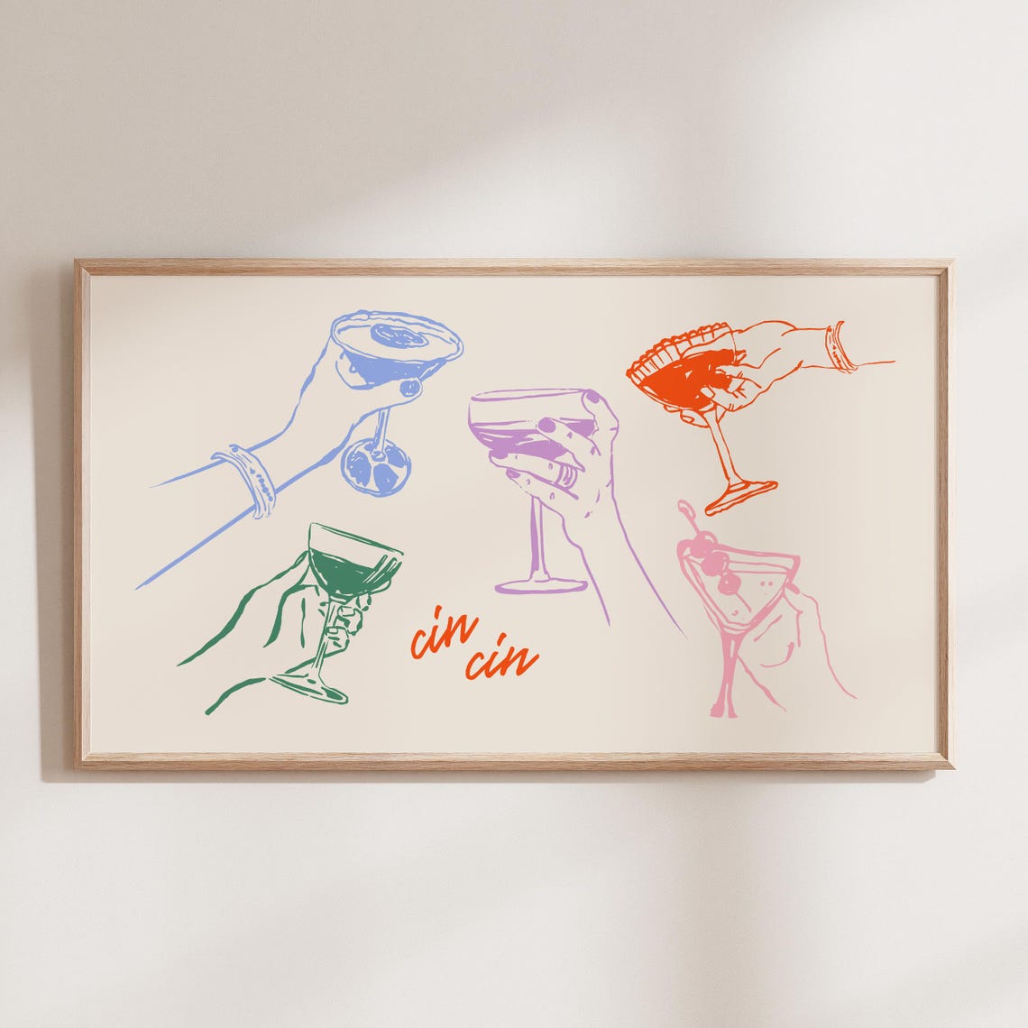 Colorful Cocktail Toast Line Art Cin Cin Cheers Bar Decor Poster - Image 2