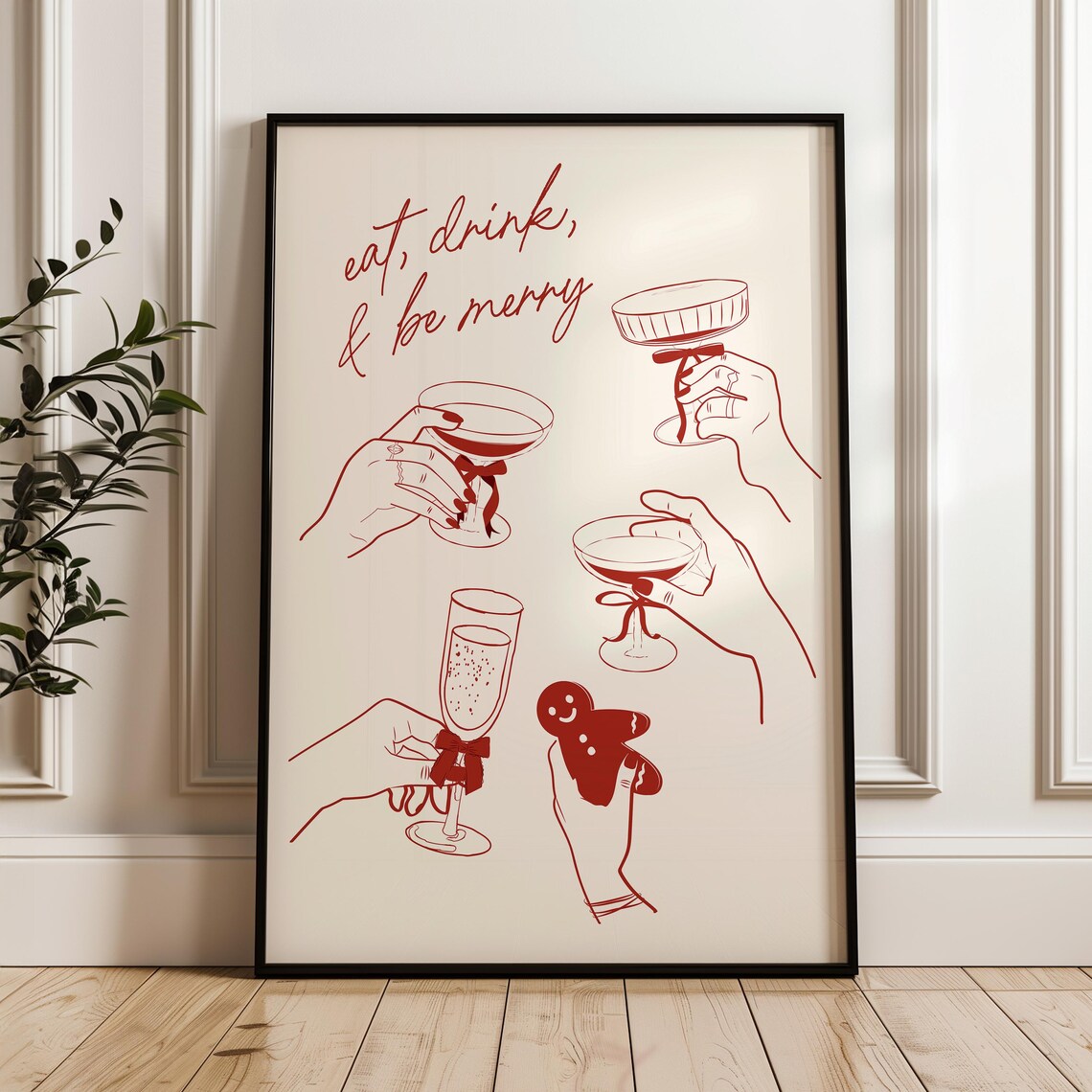 Eat Drink And Be Merry Charcoal Line Art Cocktail Toast Poster - Image 4