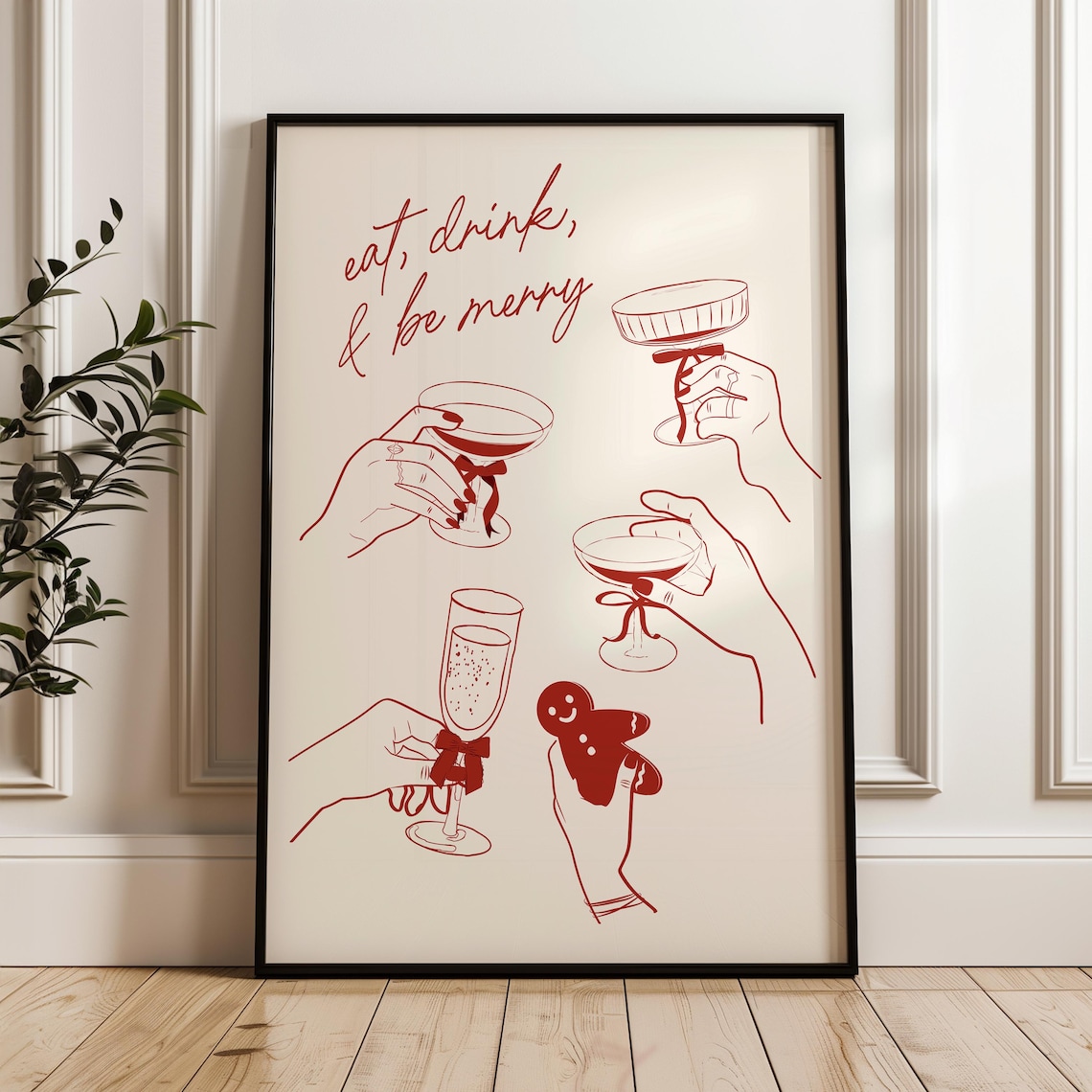 Eat Drink And Be Merry Cream Red Line Art Holiday Toast Poster