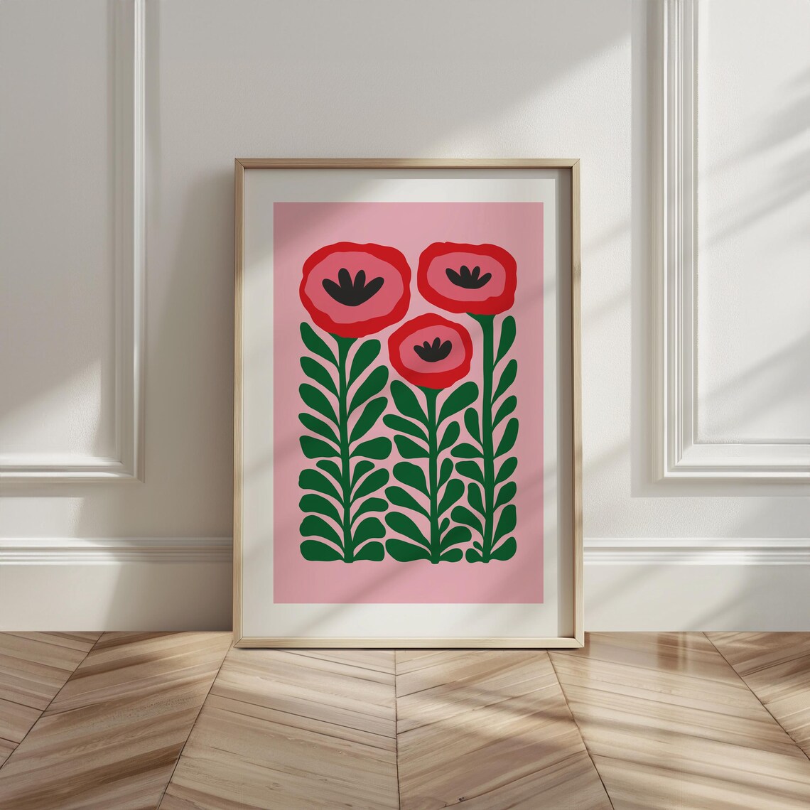 Three Red Poppy Flowers Pink Green Retro Botanical Blooms Poster - Image 3