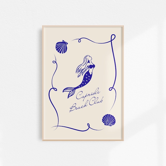 Caprioli Beach Club Navy Mermaid Seashell Coastal Decor Poster