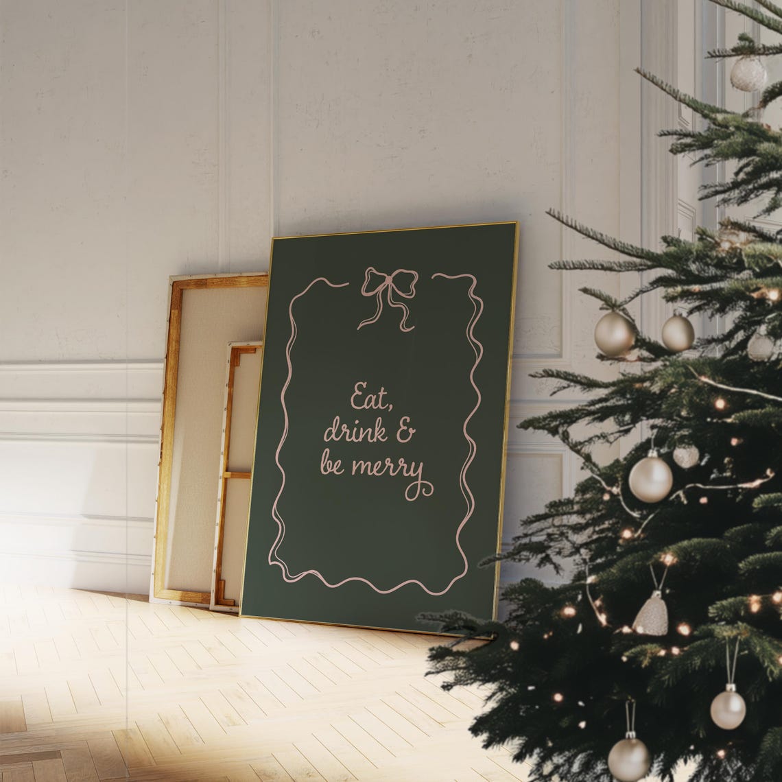 Eat Drink And Be Merry Christmas Pink Bow Border Holiday Poster - Image 2