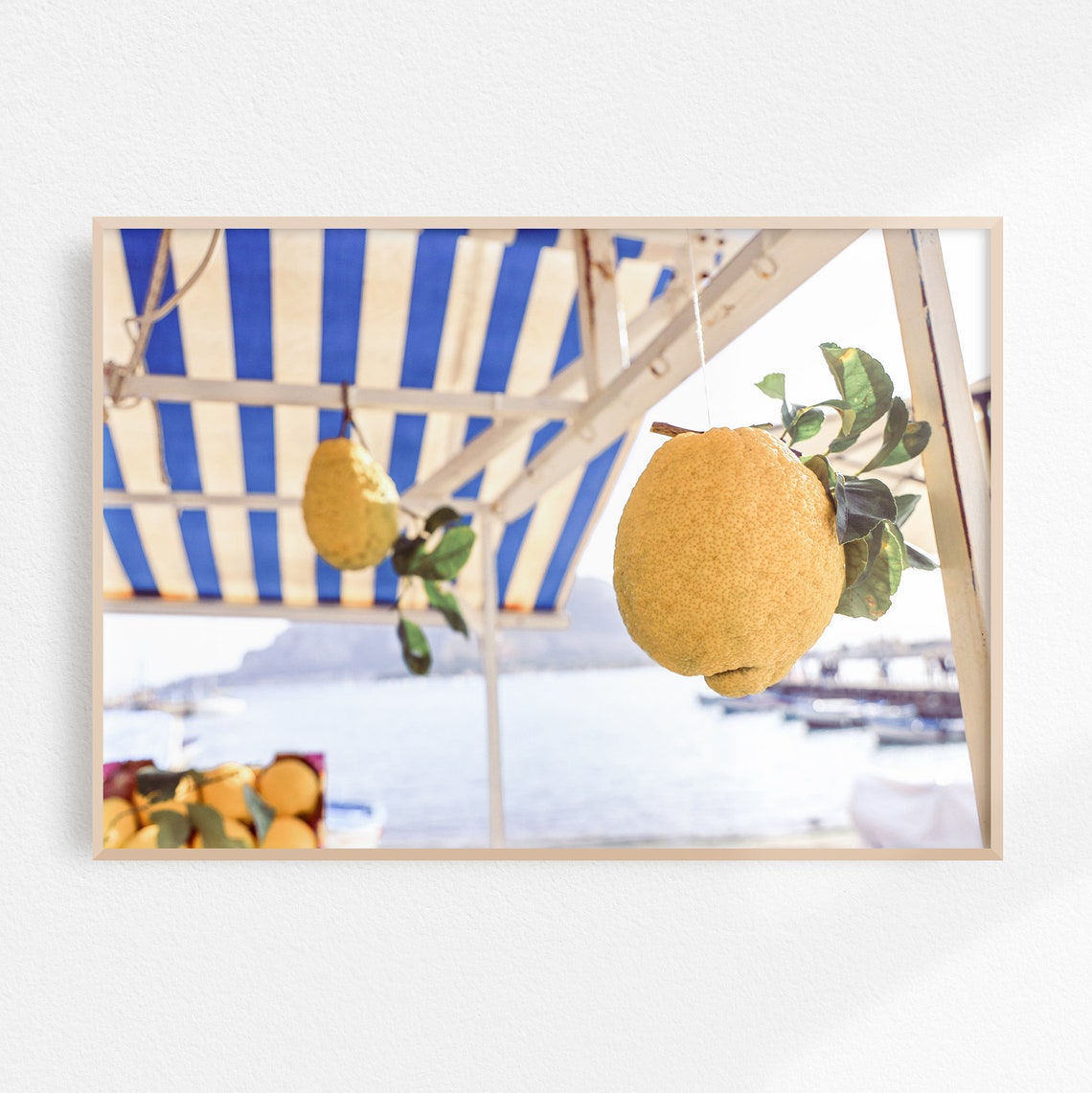 Amalfi Coast Giant Lemons Striped Awning Seaside Kitchen Poster