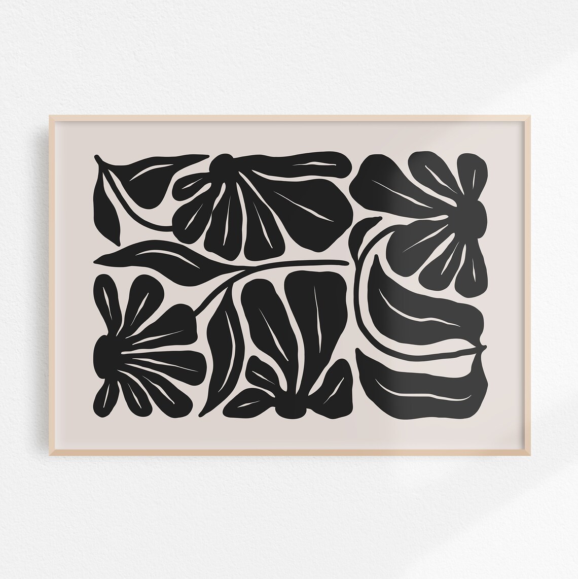 Black Retro Flowers On Beige Horizontal 70s Botanical Art Poster
