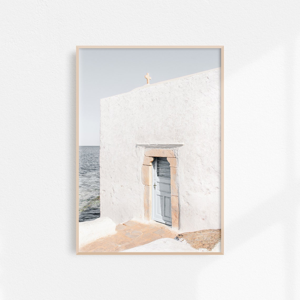 Mykonos Whitewashed Seaside Chapel With Blue Door Greece Travel Poster