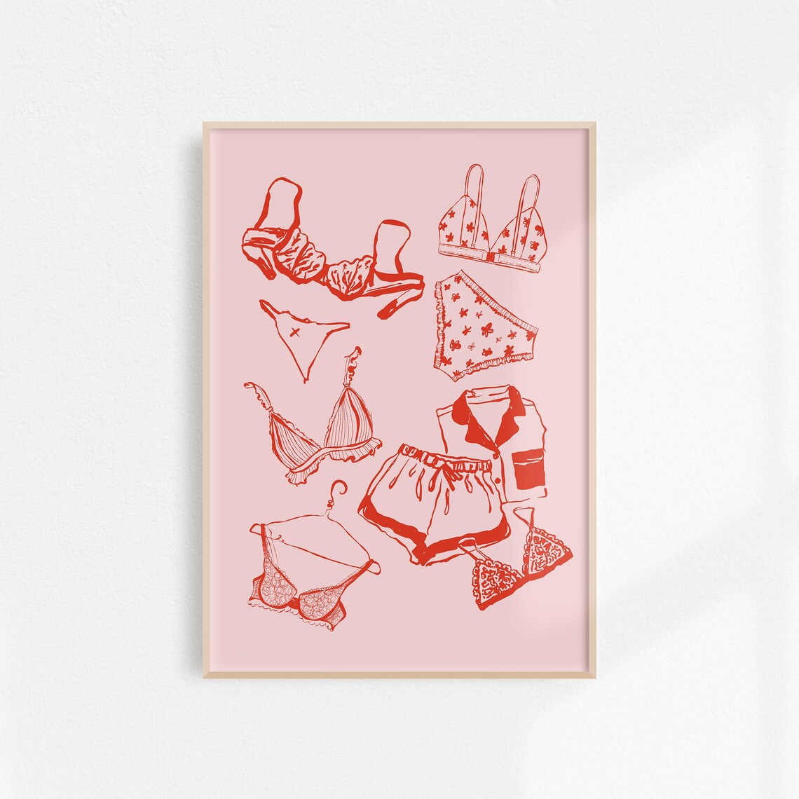 Red Line Art Lingerie Illustrations Coquette Bedroom Decor Poster