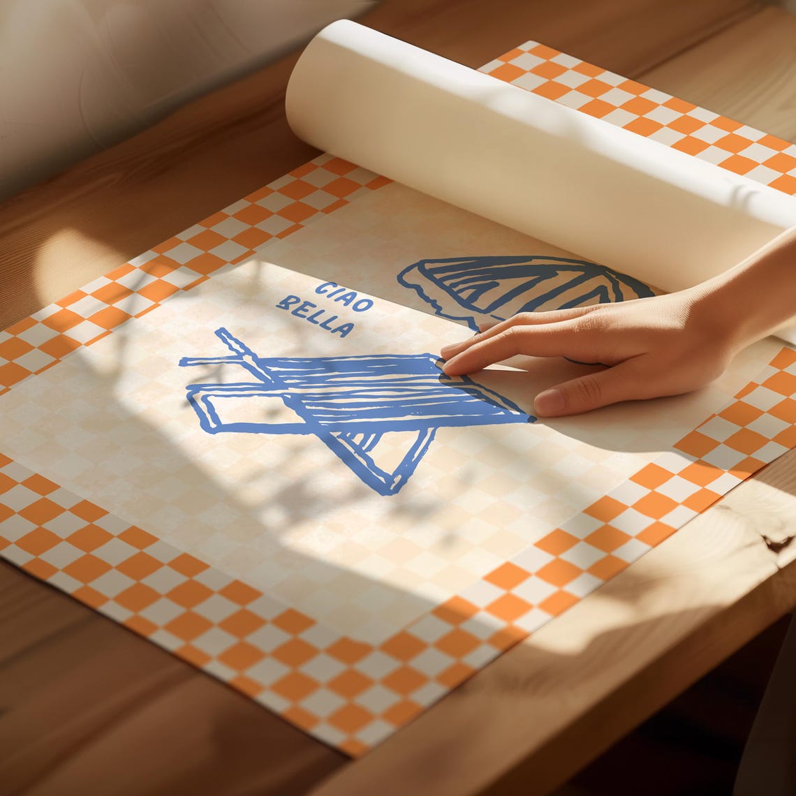 Ciao Bella Blue Beach Umbrella Orange Checker Retro Art Poster - Image 3
