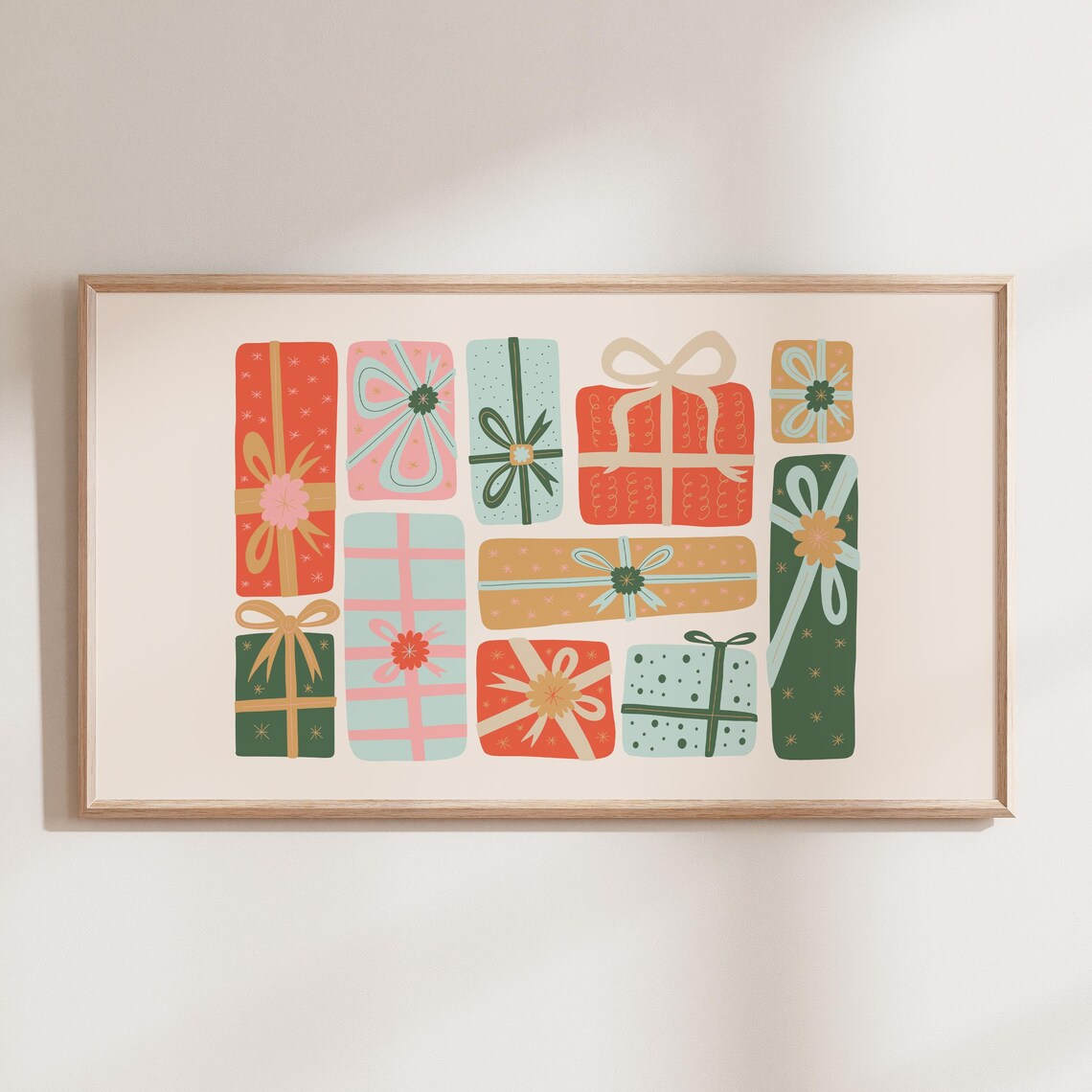 Retro Christmas Presents Art Print, Holiday Decor