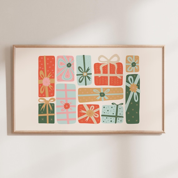 Retro Christmas Presents Art Print, Holiday Decor