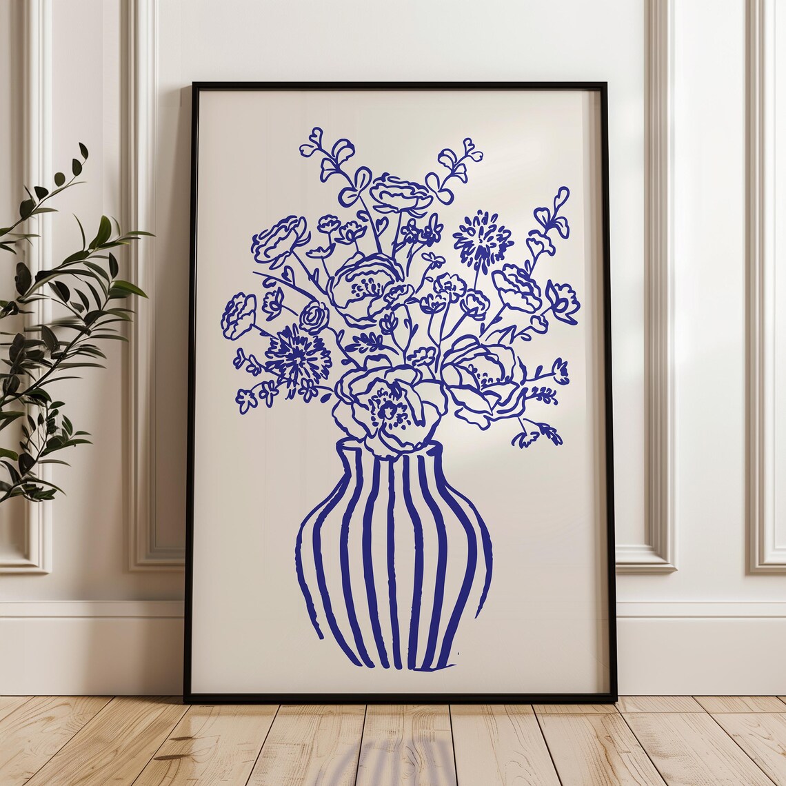 Blue Floral Bouquet Striped Vase Line Art On Cream Wall Poster - Image 4