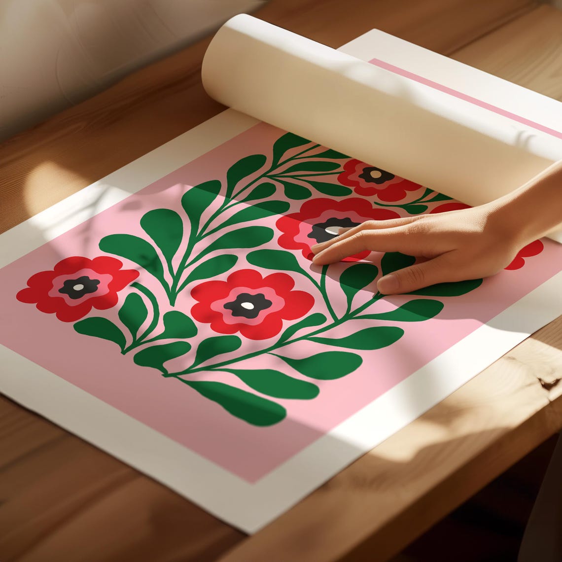 Bold Red Poppies Green Foliage Pink Folk Art Retro Floral Poster - Image 6