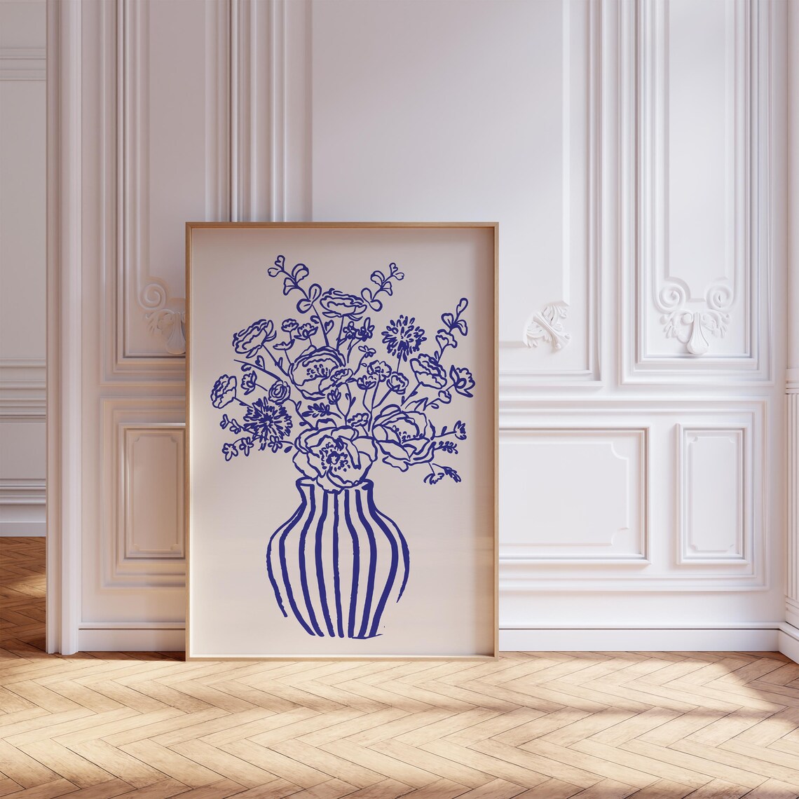 Blue Floral Bouquet Striped Vase Line Art On Cream Wall Poster - Image 2