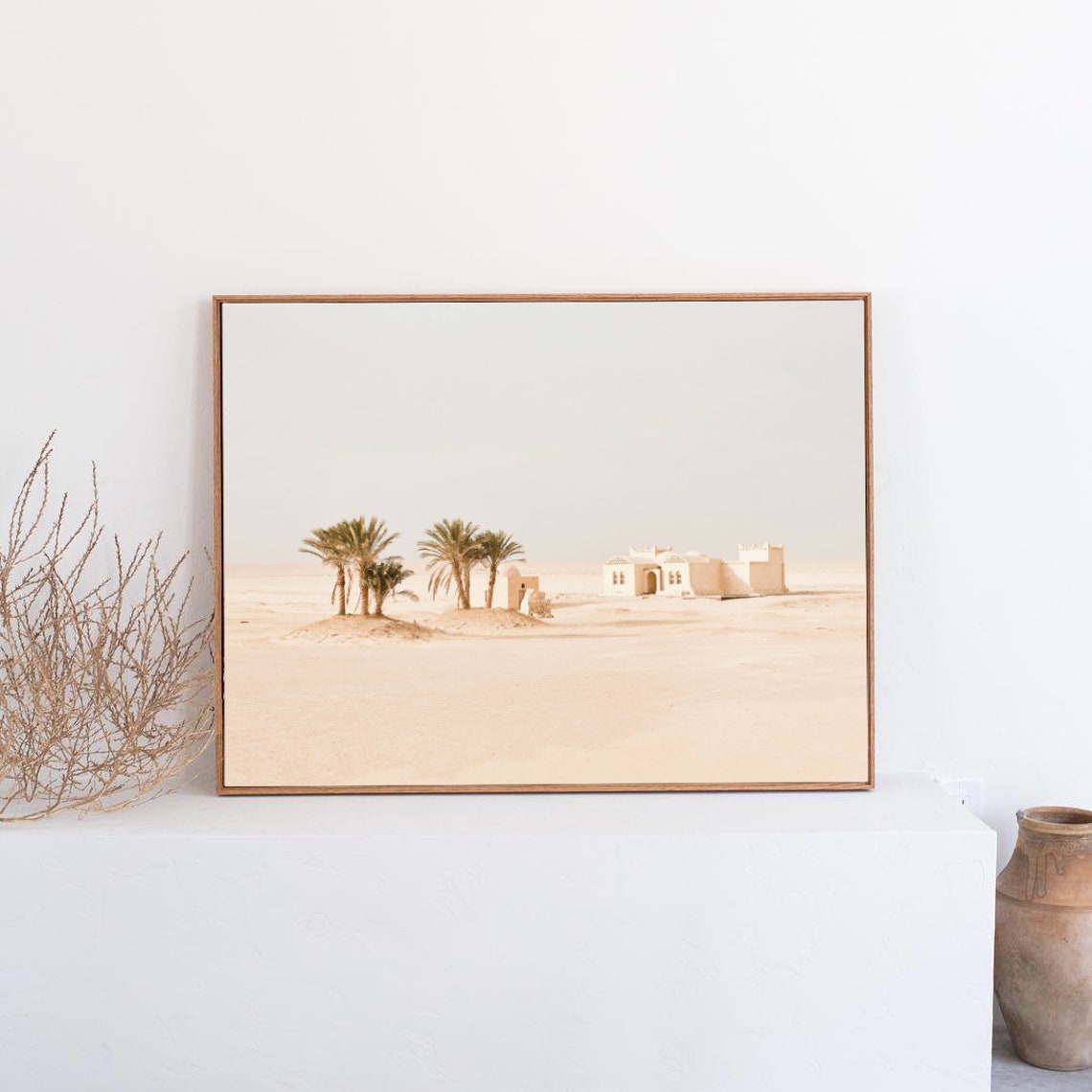 Moroccan Desert Palm Trees and White Riad in Beige Tones Poster - Image 3