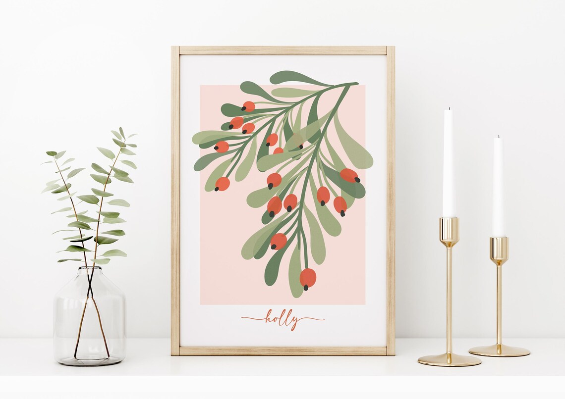 Christmas Holly Botanical Art Print, Vintage Holiday Decor