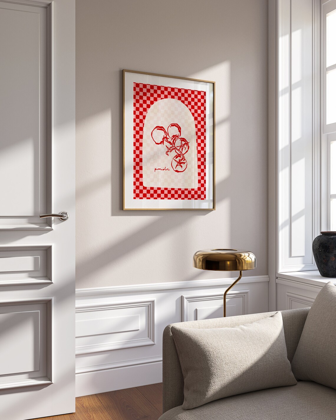 Pomodoro Tomato Line Art On Red Checker Italian Kitchen Poster - Image 2