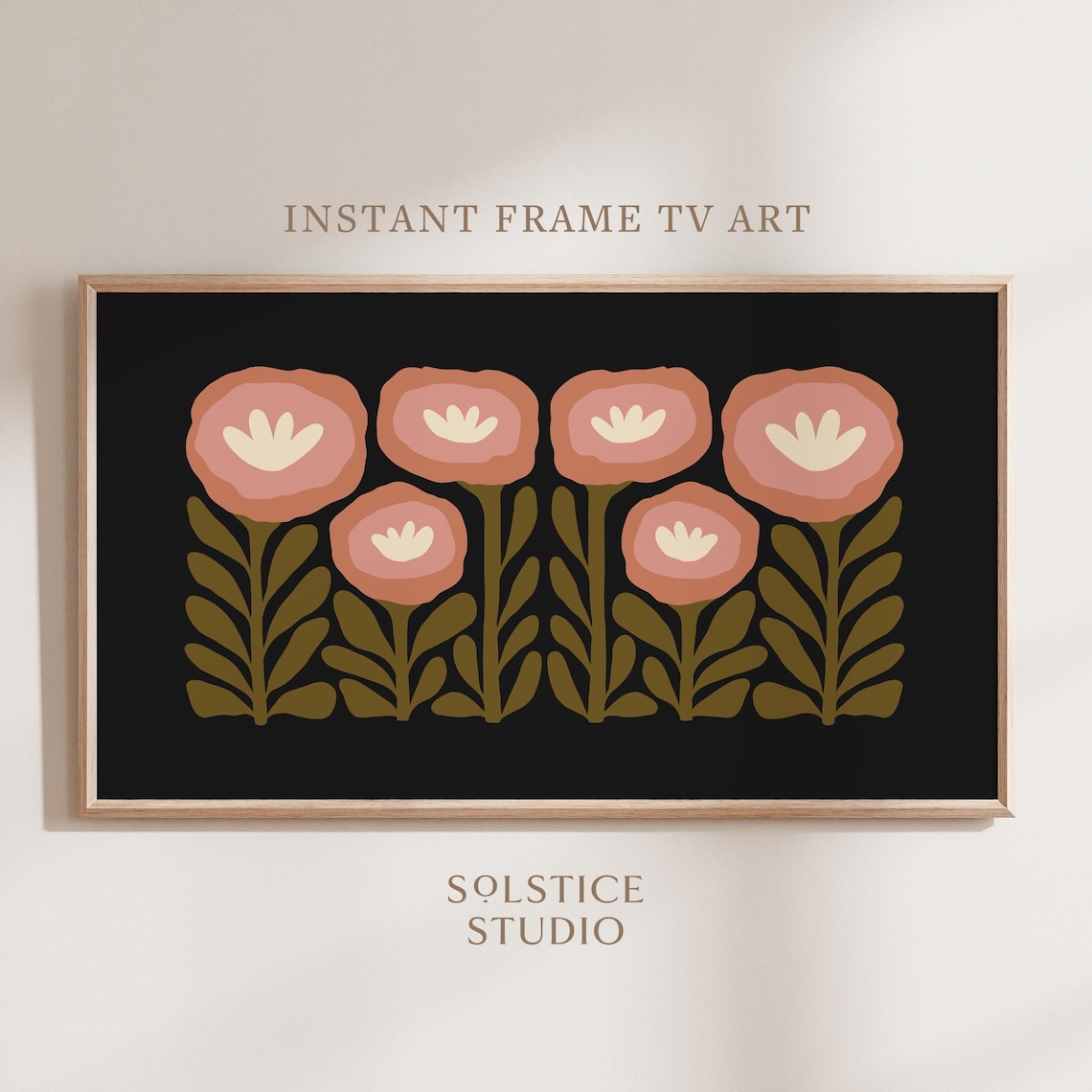 Moody Black Background Terracotta Bloom Retro Floral Wall Poster