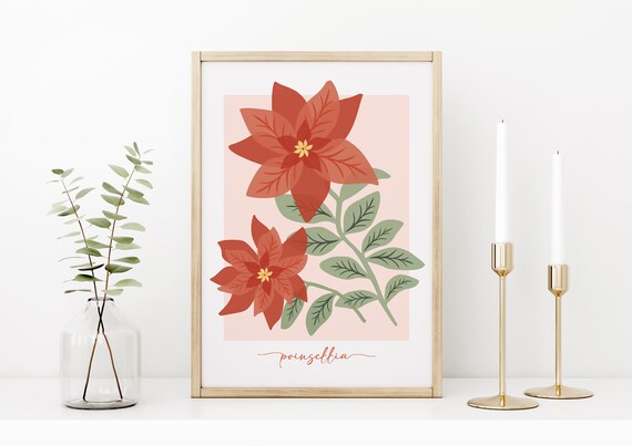 Red Poinsettia Botanical Christmas Holiday Flower Decor Poster