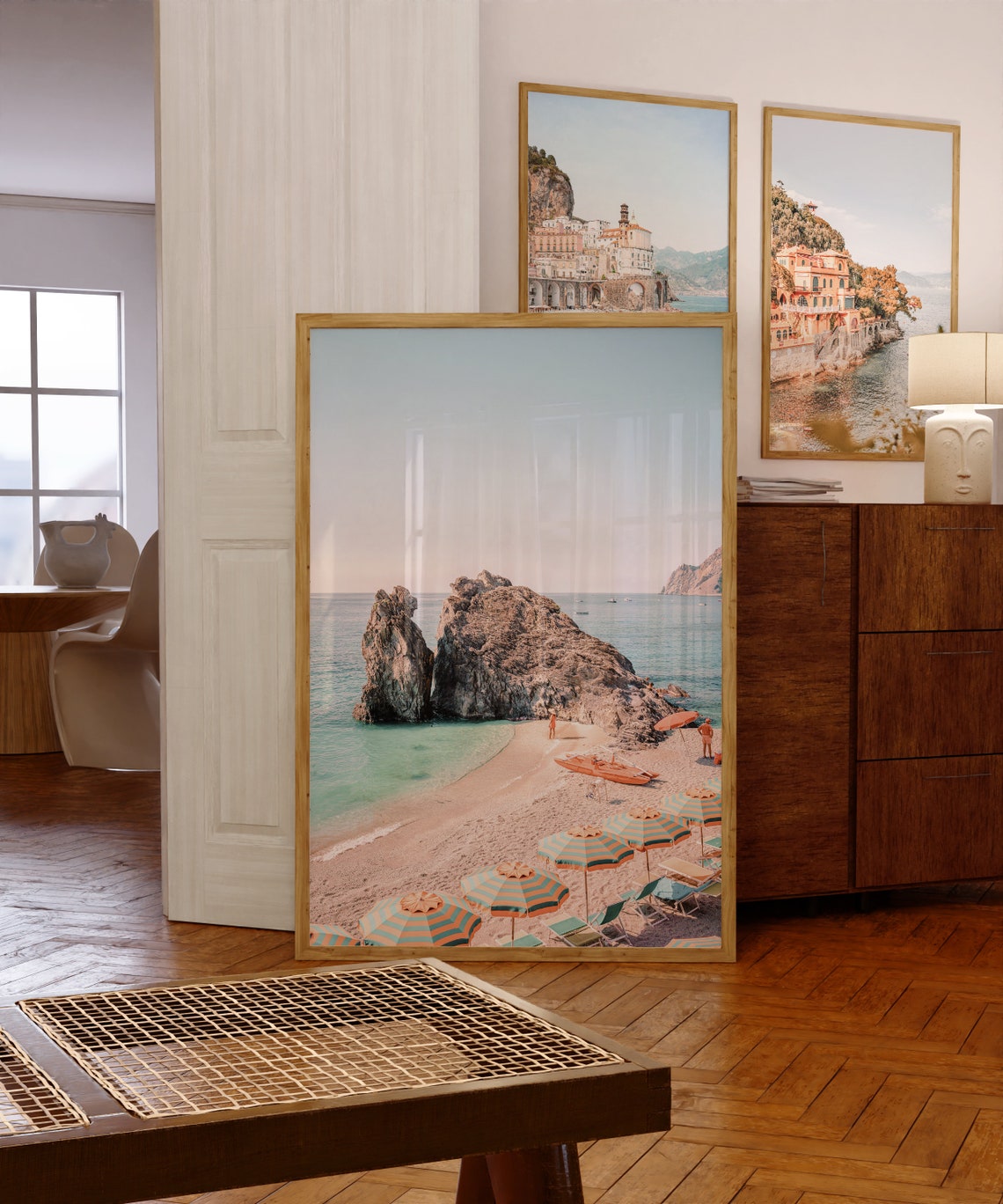 Cinque Terre Beach with Striped Umbrellas and Sea Rocks Poster - Image 3