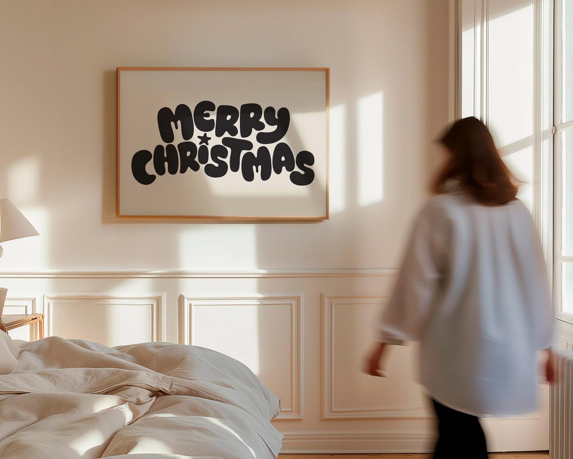 Merry Christmas Charcoal Bubble Letters Cream Holiday Art Poster - Image 3