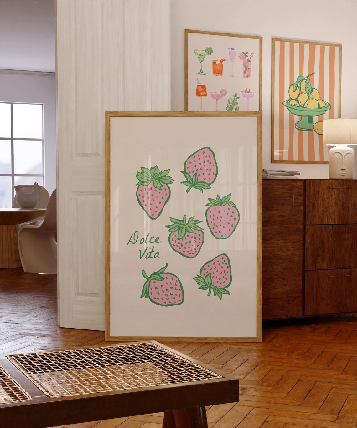 Sweet Pink Dolce Vita Strawberry Pattern Retro Kitchen Art Poster - Image 2
