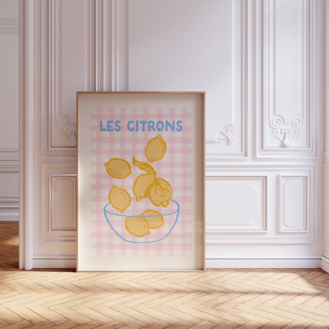 Les Citrons Lemon Bowl Pink Gingham French Kitchen Art Poster - Image 5