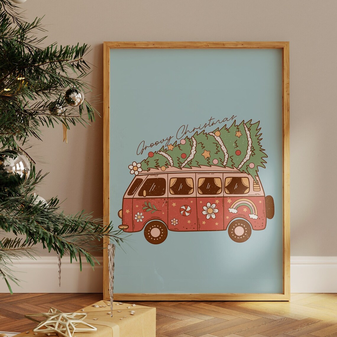 Groovy Christmas Retro Van Carrying Trees Colorful Holiday Poster