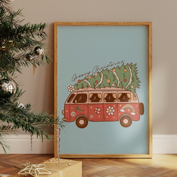 Groovy Christmas Retro Van Carrying Trees Colorful Holiday Poster