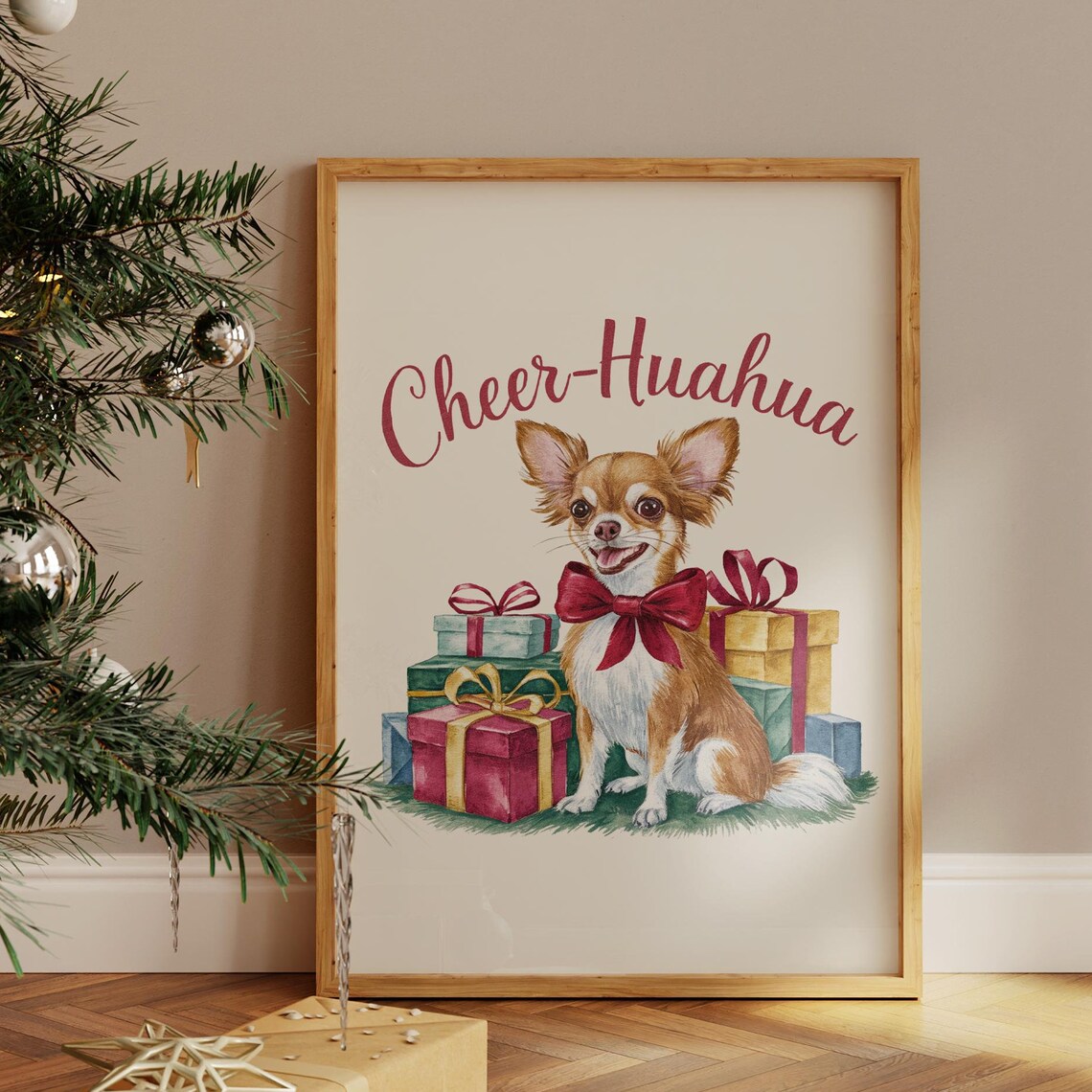 Cheer-Huahua Christmas Poster with Chihuahua Among Holiday Gifts