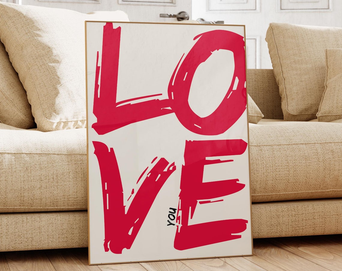 Love You Giant Red Brushstroke Letters Oversized Romantic Type Poster