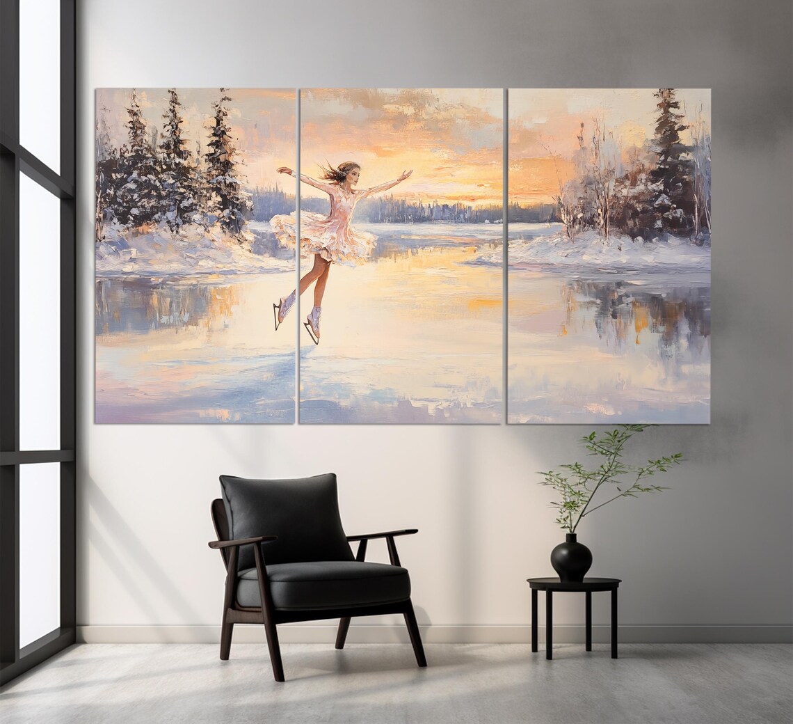 Figure Skating Wall Art Figure Skater On Winter Lake Print In An Vintage Oil Painting Style Figure Skating Poster - Image 3