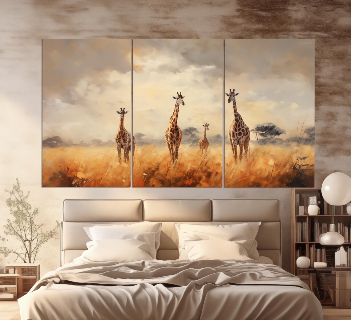 Giraffes Walking Through Golden African Savannah Vintage Oil Painting Wall Art Print - Image 6