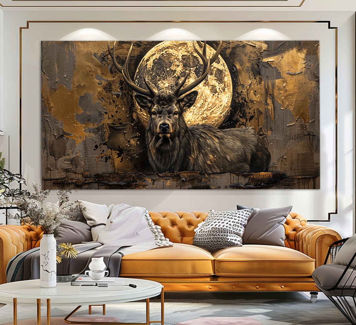Abstract Deer and Full Moon, Vintage Oil Painting Poster