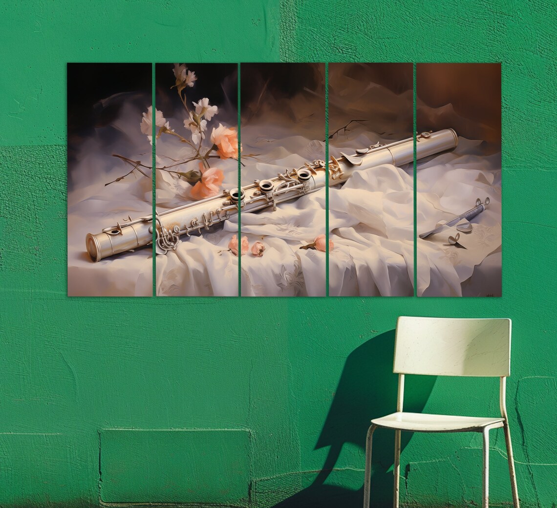 Silver Flute Still Life With Roses On Silk Moody Dark Oil Painting Poster - Image 5