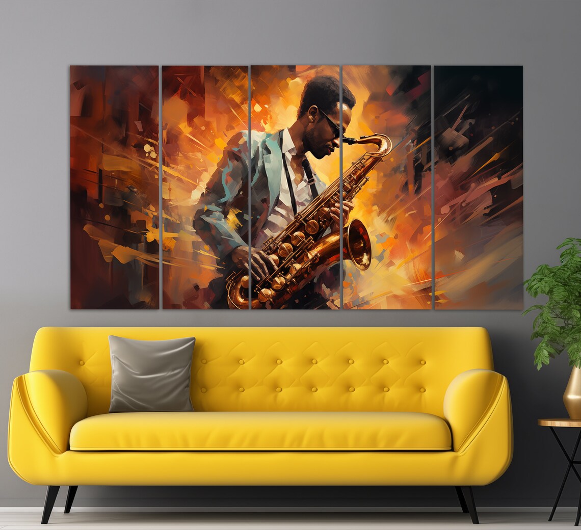 Saxophonist Playing Saxophone Fiery Orange Jazz Club Oil Painting Music Wall Art - Image 5