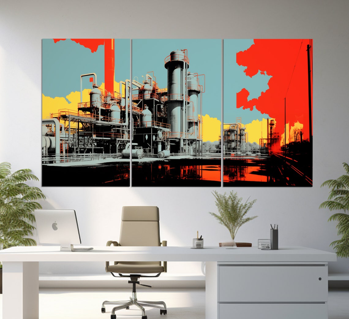 Industrial Refinery Plant Pop Art Red Yellow Teal Modern Art Poster