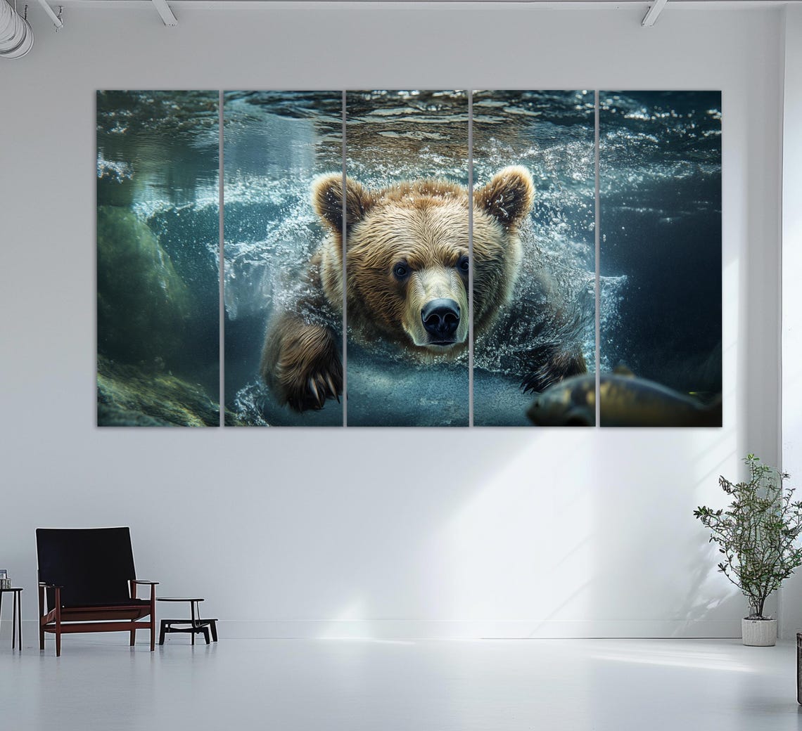 Brown Bear Swimming Underwater Chasing Fish Wildlife Art Poster - Image 2