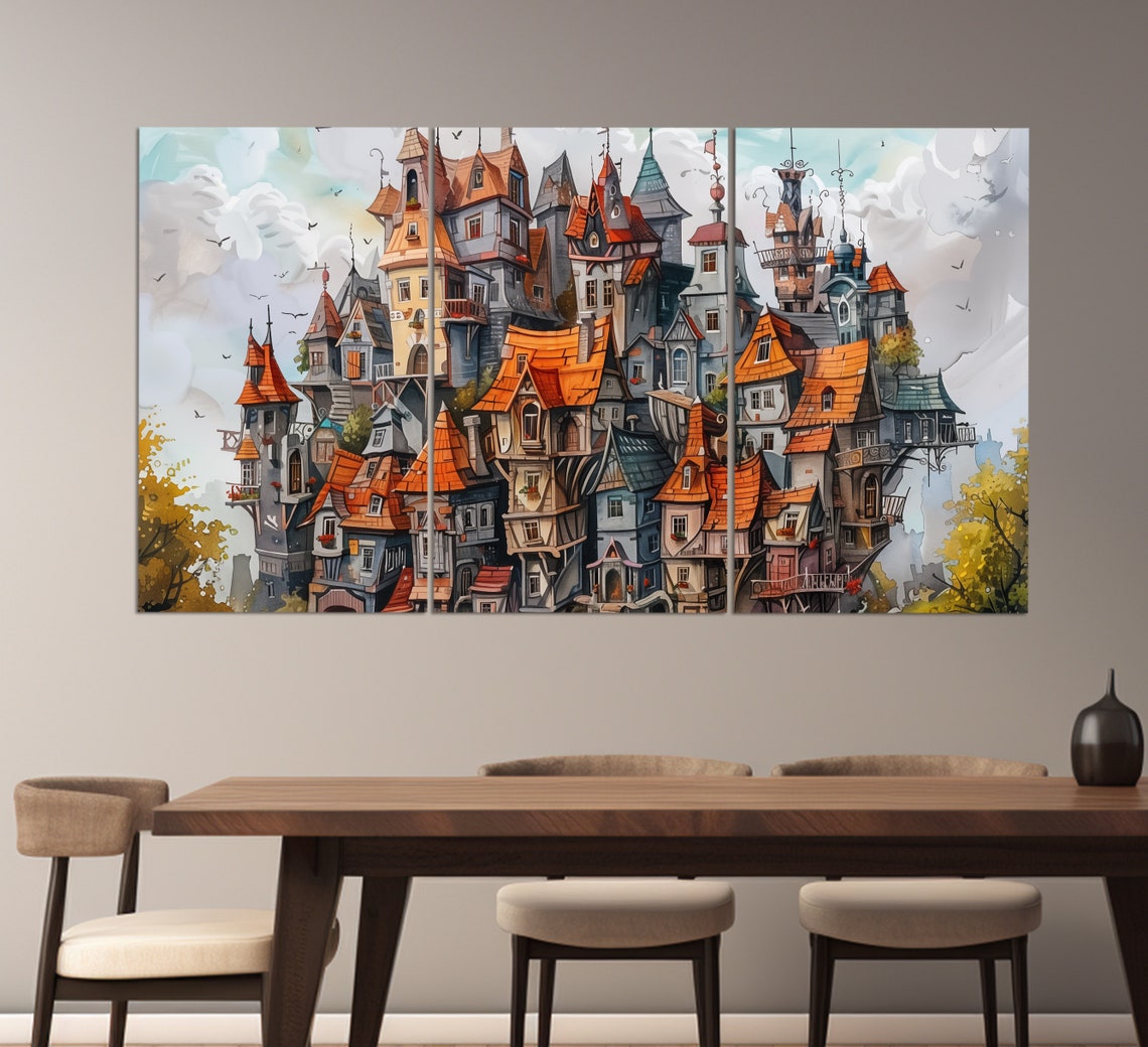 Abstract Dancing Houses Print In An Oil Painting Style Abstract Wall Art Surreal Houses Painting Fantasy Houses Print - Image 3