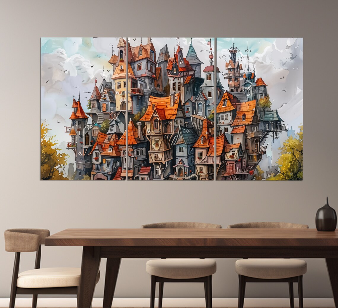 Whimsical Stacked Fantasy Houses Orange Rooftops Surreal Village Wall Poster - Image 3