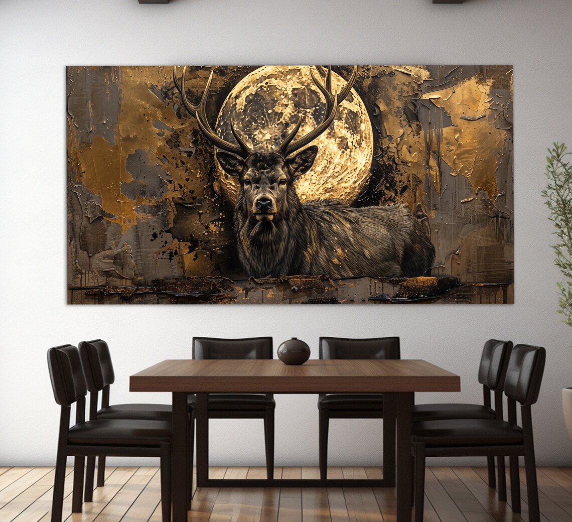 Abstract Deer and Full Moon, Vintage Oil Painting Poster - Image 2