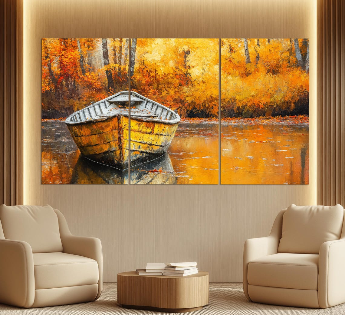 Old Fishing Boat In Autumn Lake Print In A Vintage Oil Painting Style Abstract Wooden Boat Wall Art Retro Nautical Poster - Image 6